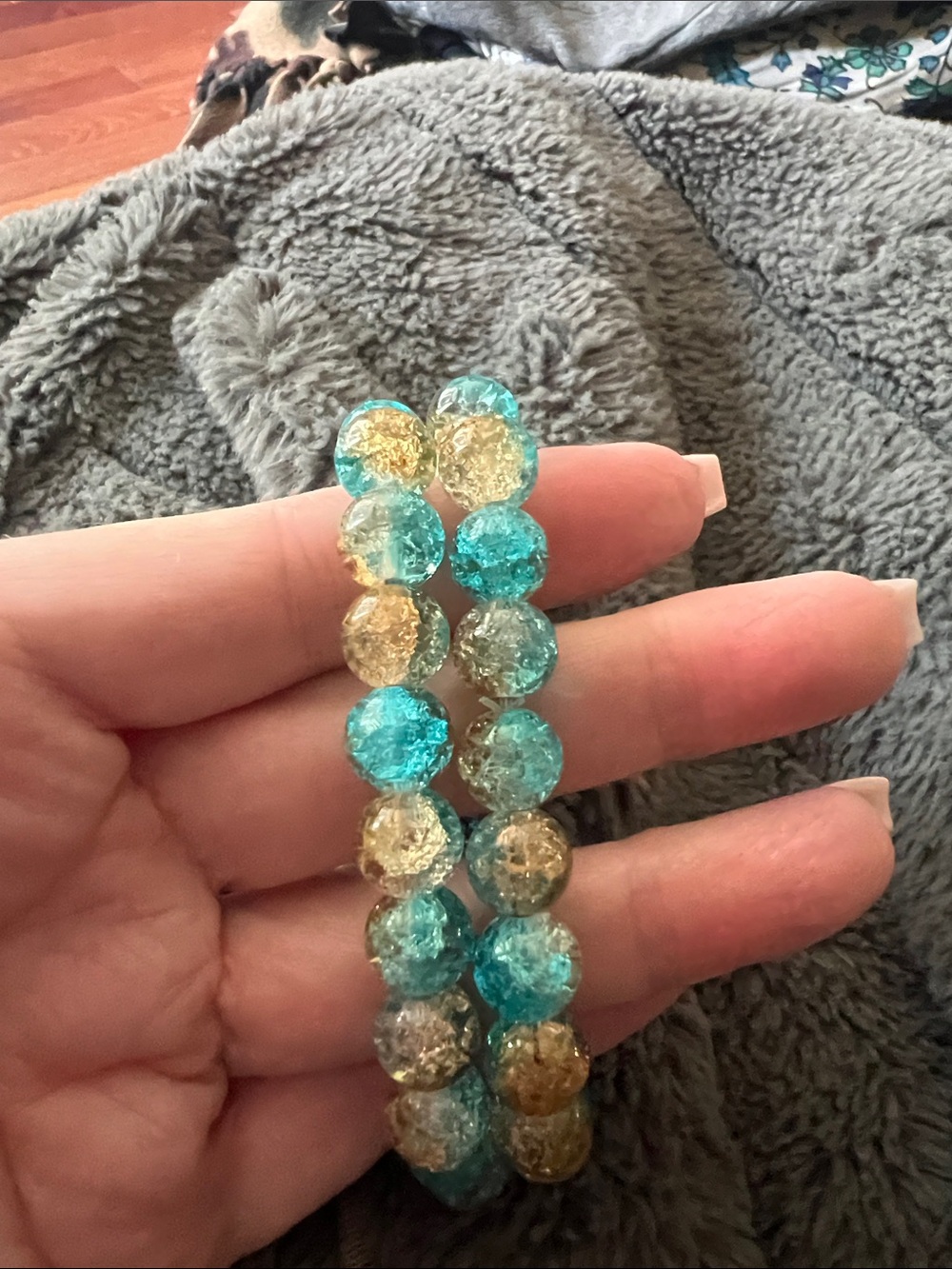 Beaded Stretch Bracelet Set in Aqua Blue and Gold